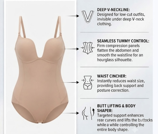 Deep V Seamless Shapewear Bodysuit Tummy Control Waist Cincher Butt Lifting Body Shaper for Women