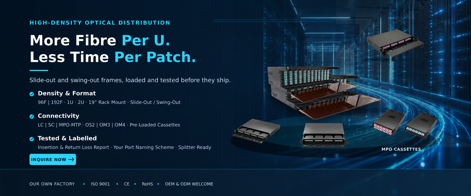 High-density fibre distribution frames and MPO cassettes for data centres