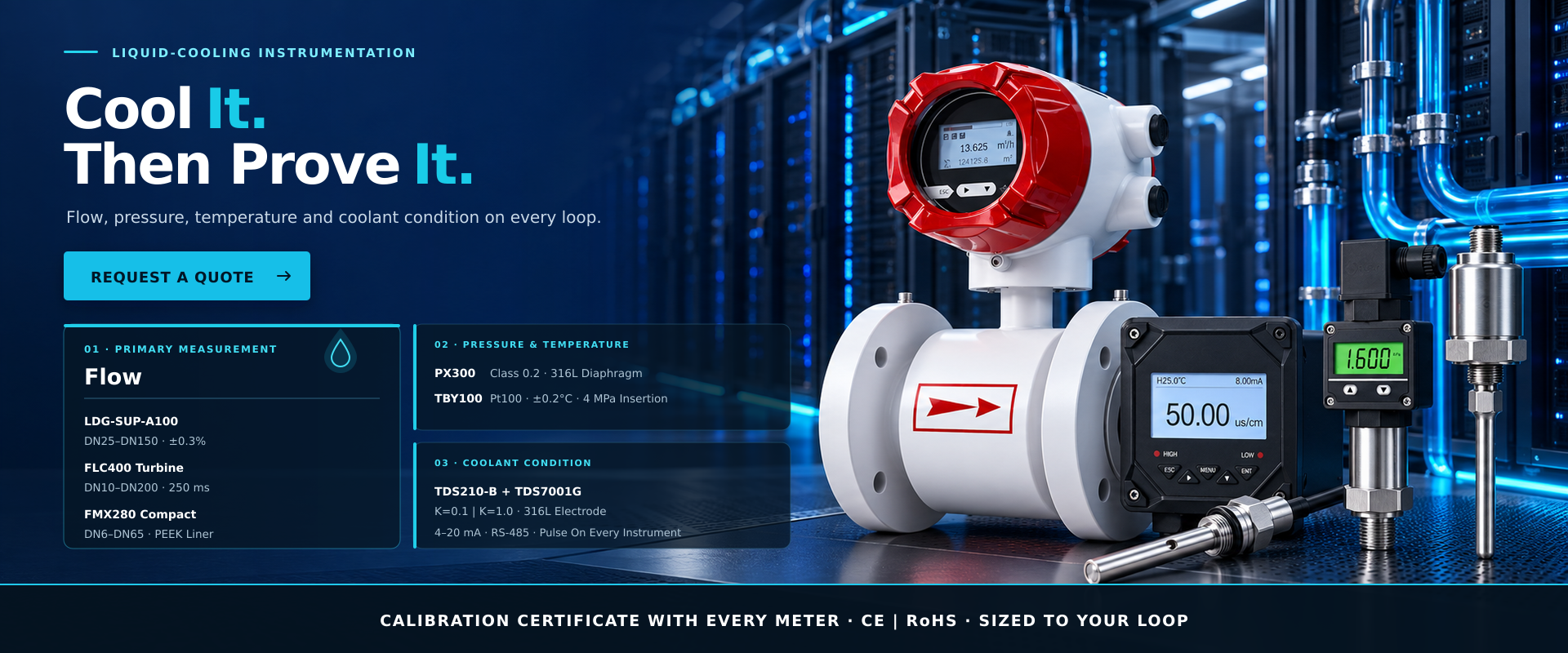 Flow, pressure and temperature instruments for liquid cooling systems