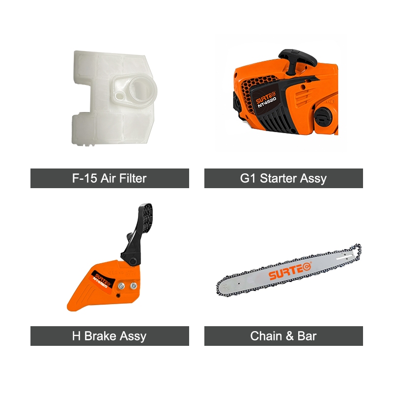 SURTEC NT4520 spare parts perfectly match 45cc portable gasoline chainsaw for garden, agriculture and light commercial cutting. Constructed with lightweight aluminum alloy and reinforced nylon, all components pass EU CE safety standards, durable and user-friendly. Cost-effective hot-selling accessories suitable for global B2B wholesalers, retailers and hardware distributors.