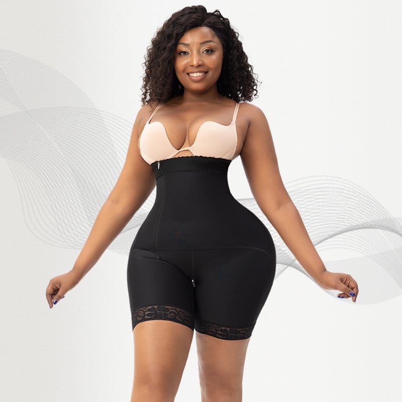 Factory Supply BL8708 – High Waist Short with Side Zipper, Lace Anti-Roll Band, Silicone Legs