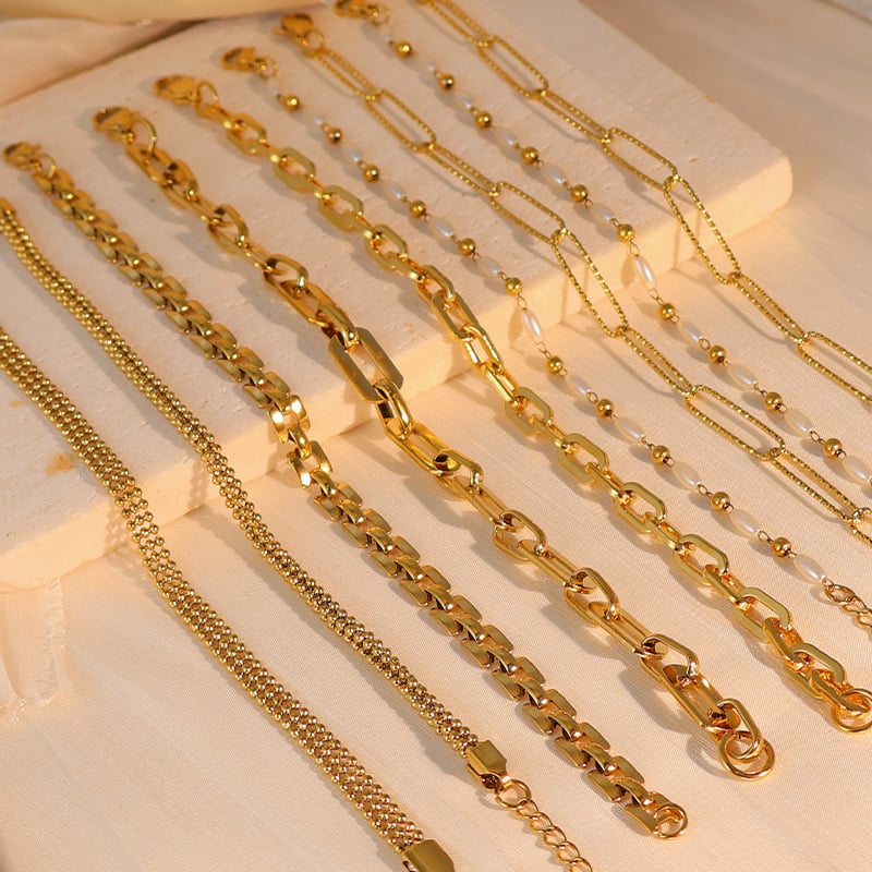 Stainless Steel Bracelets Curb Paperclip Ball Bead Chain Mother‑of‑Pearl Shell Plain Bracelet Dainty Stackable Fashion Jewelry For Women