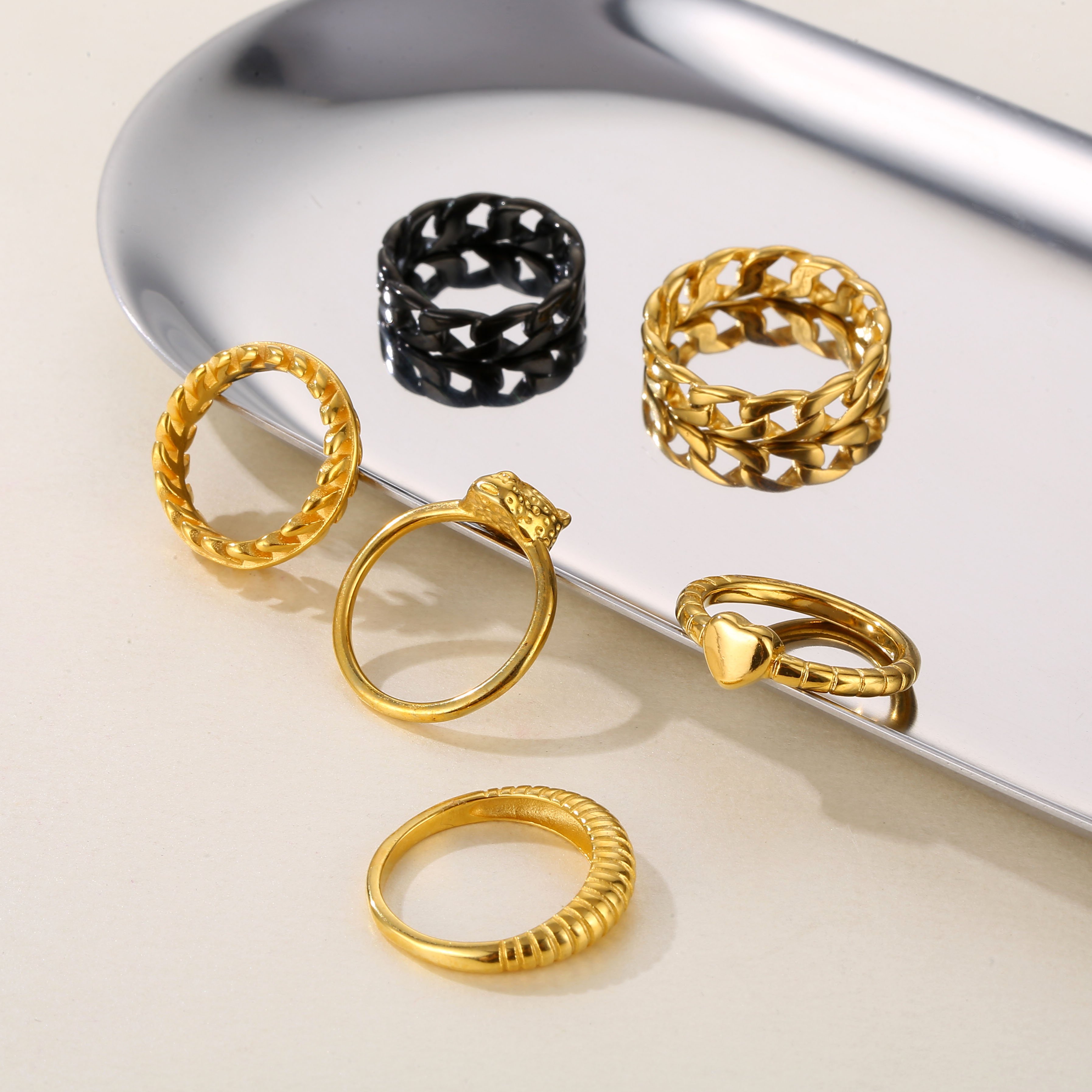 Stainless Steel Heart Bamboo Leopard Head Ring Vertical Texture Wheat Leaf Thick Curb Chain Finger Ring Stackable Fashion Jewelry for Men Women