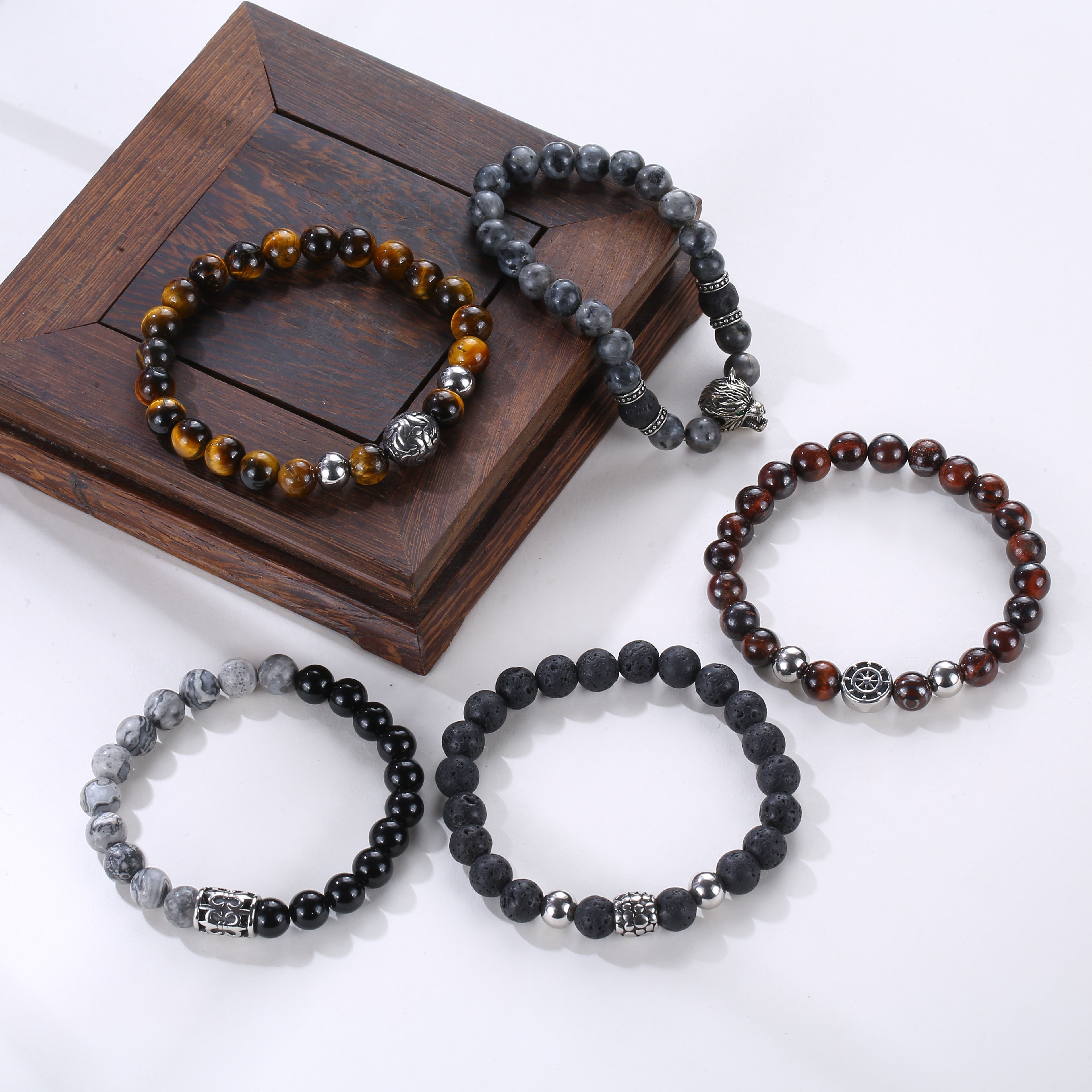 Men Natural Stone Stretch Bead Bracelets Tiger‑Eye Lava Rock Picture Stone Sandalwood Vintage Alloy Charm Unisex Fashion Jewelry
