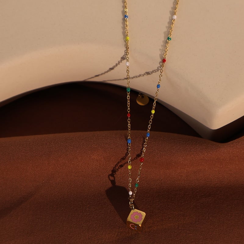 Stainless Steel Cute Bead Necklace With Square Pendant