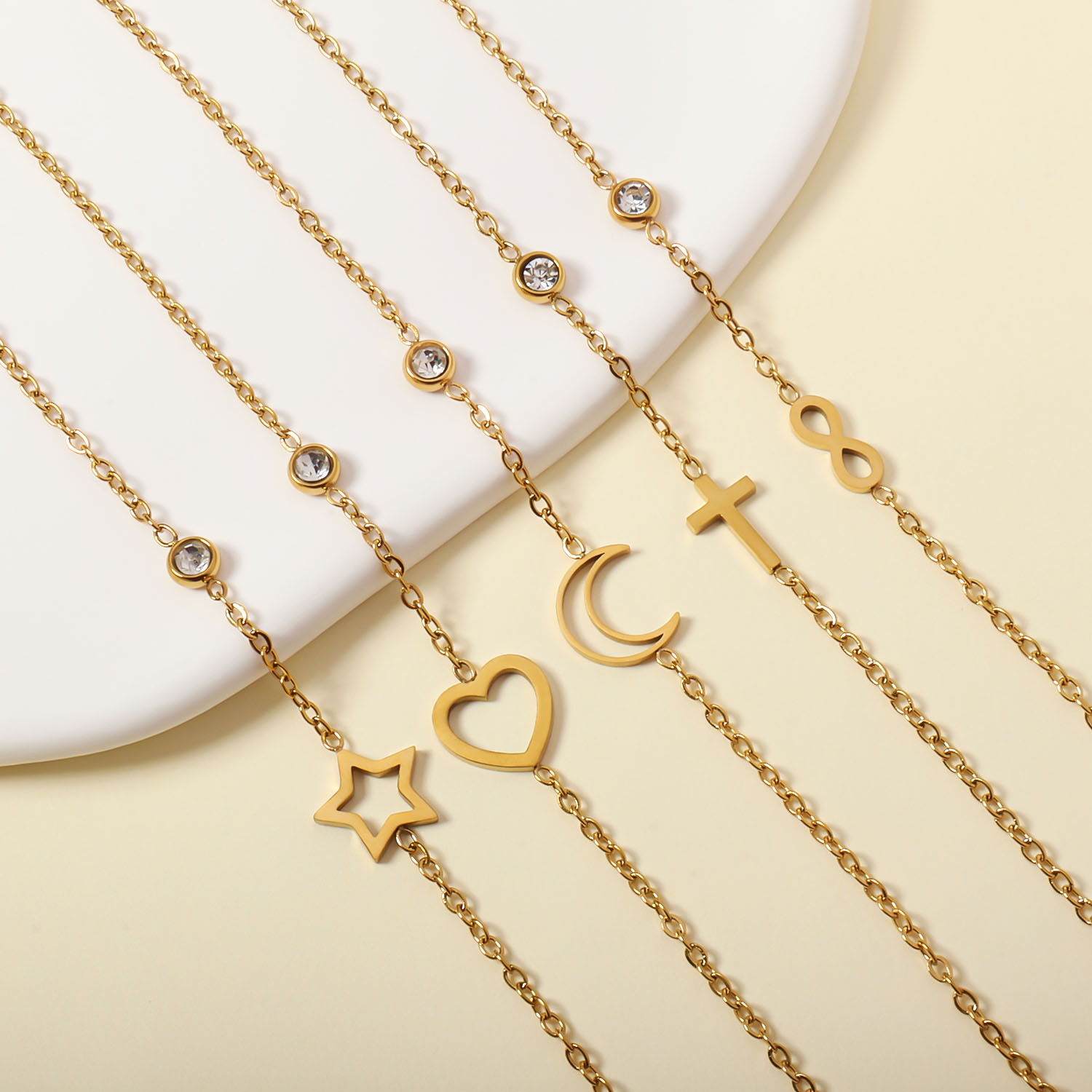 Stainless Steel Bracelets Moon Hollow Heart Infinity Hollow Star Cross Charm With Bezel‑Set CZ Dainty Fashion Jewelry For Women
