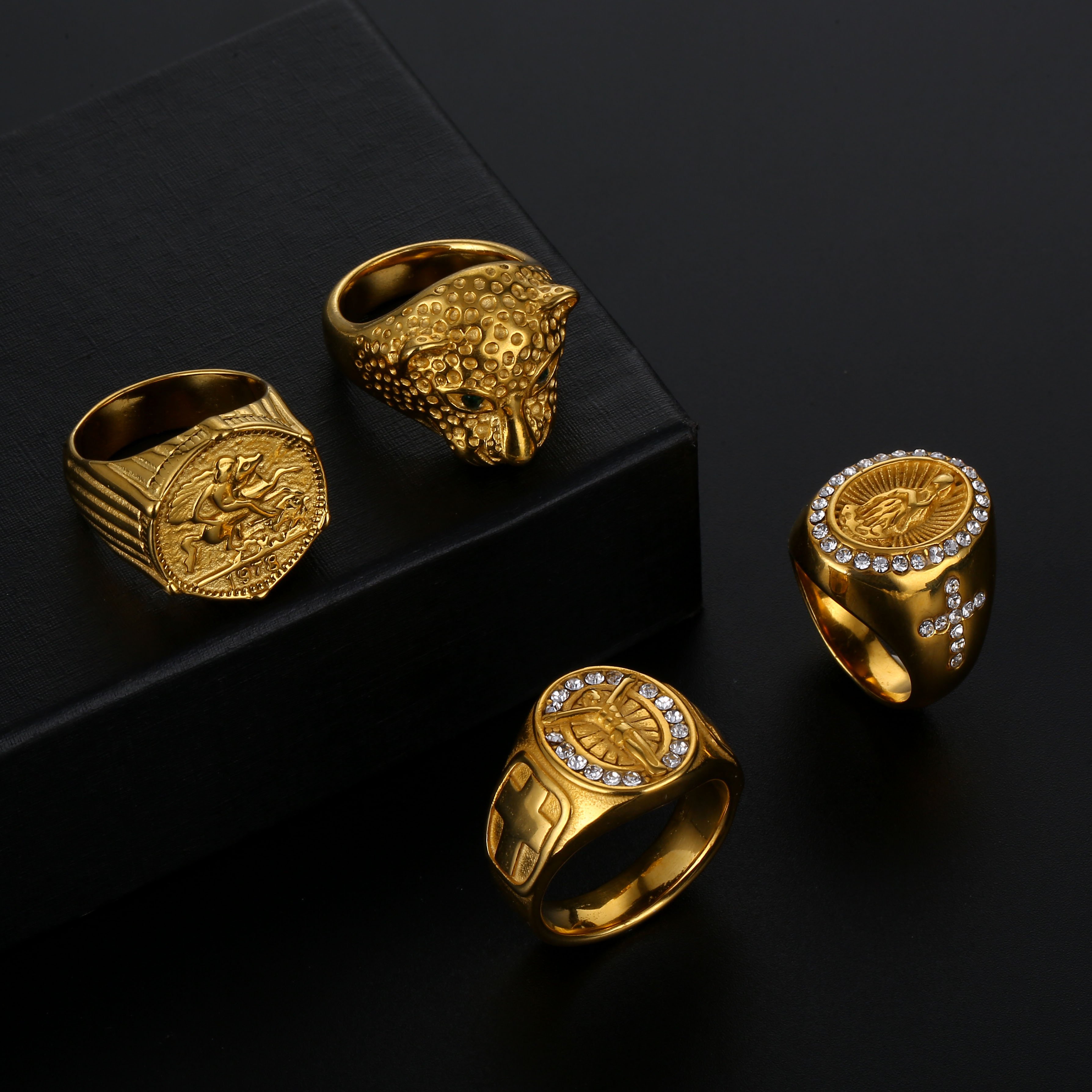 Ensemble de bagues en acier inoxydable doré pour hommes : Saint-Georges terrassant le dragon, Vierge Marie, style vintage, bijoux religieux et animaliers ornés de strass, vente en gros