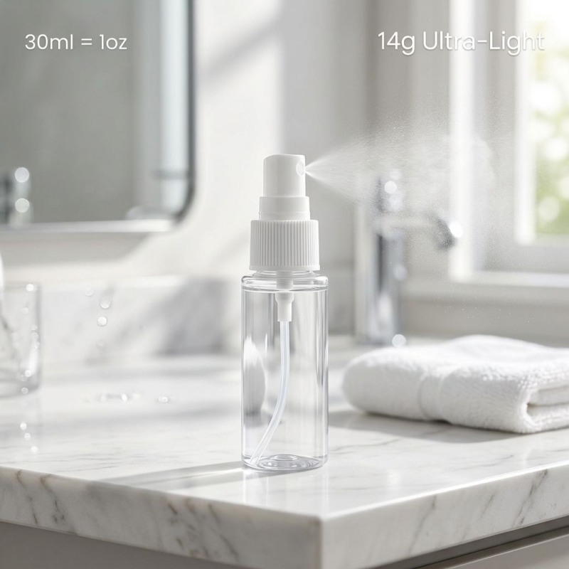 30ml Clear PET Spray Bottle with Fine Mist Pump for Travel and Skincare