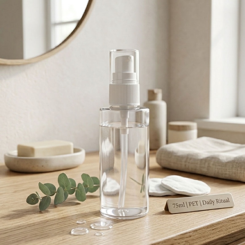 75ml Clear PET Plastic Bottle with Lotion Pump or Spray for Skincare and Travel1.jpg