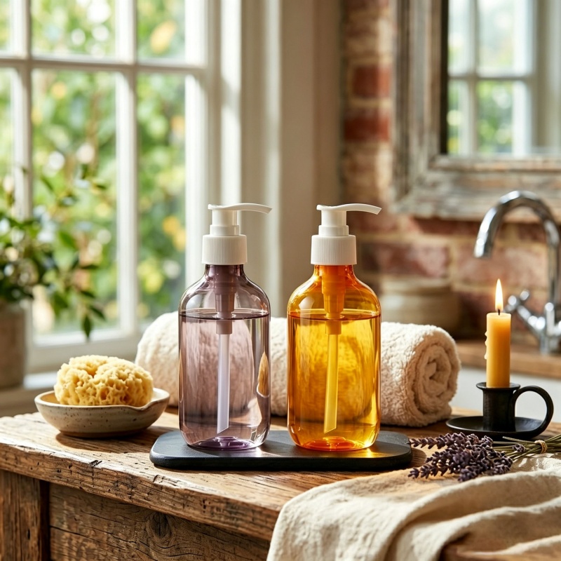 300ml PET Plastic Pump Bottle for Shower Gel Cosmetic Packaging - Amber Clear Customizable5.jpg