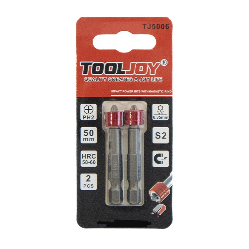 Tooljoy, wkrętaki udarowe PH2 z magnetycznym pierścieniem – długość 50 mm, stal S2, gwinta sześciokątna 1/4