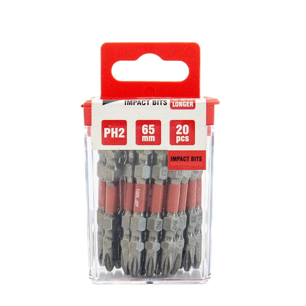 Tooljoy – końcówki udarowe do momentu obrotowego PH2 o długości 65 mm, dwugłowe, matowe (piaskowane), zestaw 20 szt., wykonane ze stali S2, magnetyczne końcówki do śrubokrętów do narzędzi elektrycznych