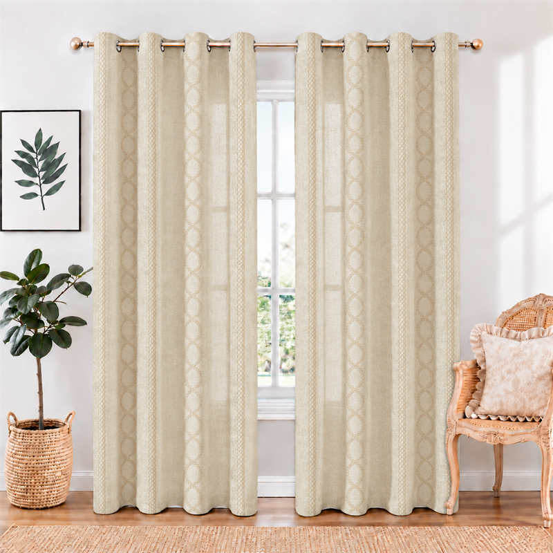 Geometric Embroidered Linen Look Polyester Curtains