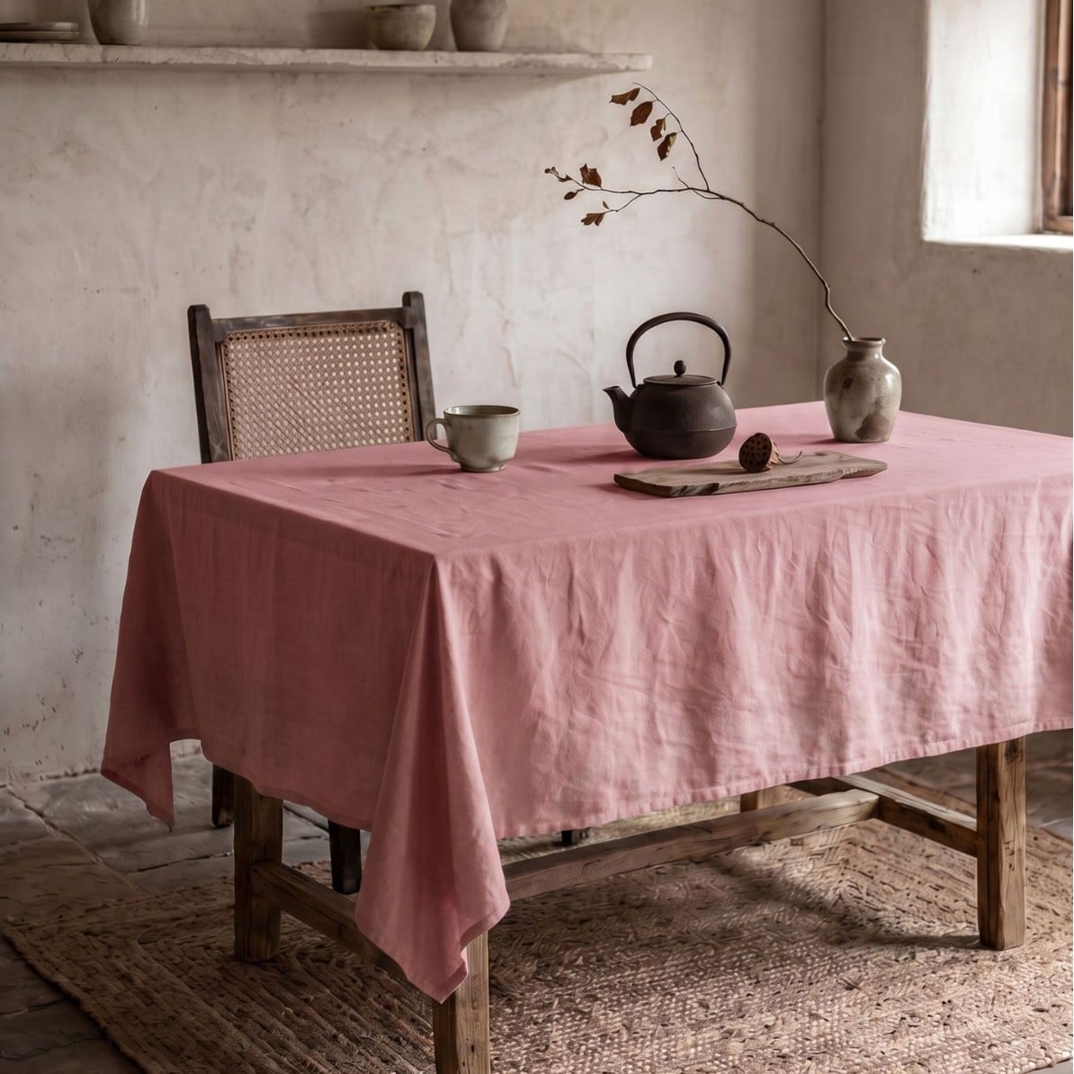 Nappe en mélange de coton et de lin, couleur unie, bord festonné
