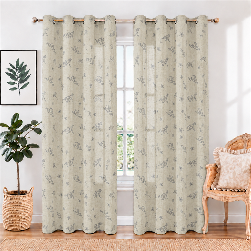 Green Ditsy Floral Embroidered Linen Look Semi Blackout Curtains
