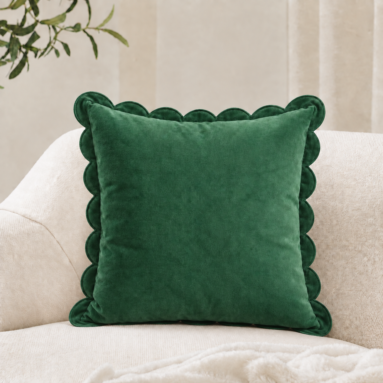 Emerald Green Velvet Scalloped Edge Cushion Covers