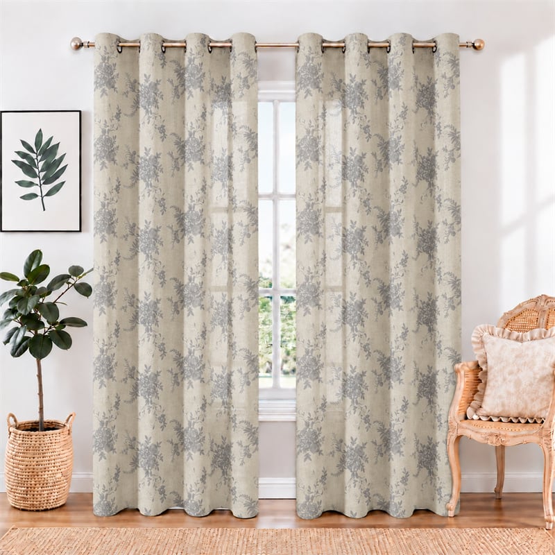 Blue Floral Linen-Look Embroidered Sheer Curtains
