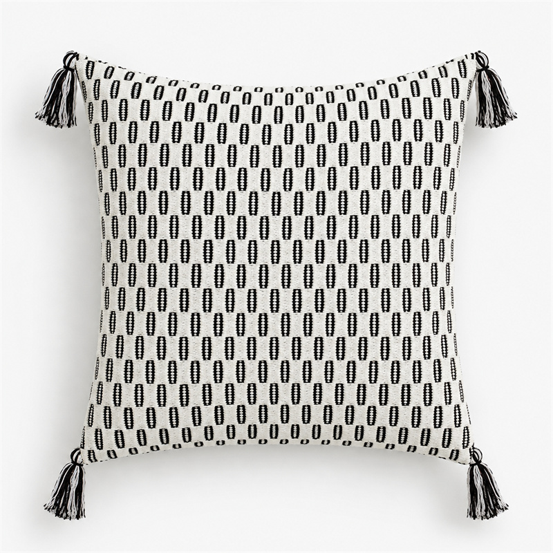 Ivory Black Boho Woven Tassel Polyester Cotton Cushion Covers