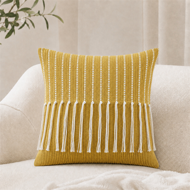 Mustard Yellow Boho Tufted Stripe Tassel Cushion Covers