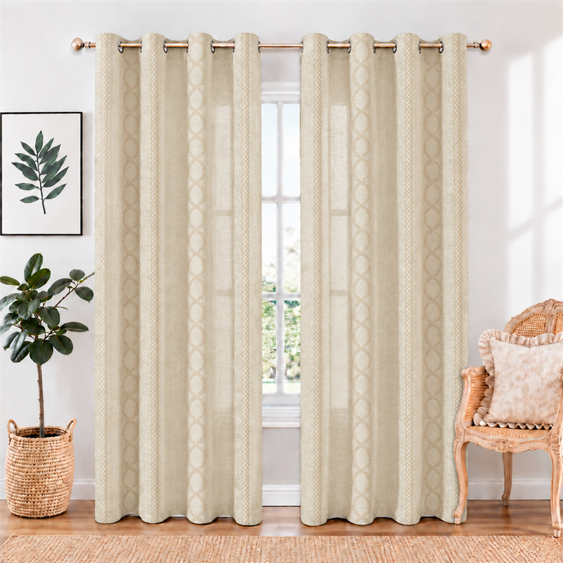 Geometric Embroidered Linen Look Polyester Curtains