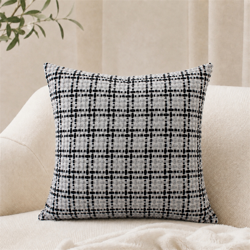 Black Grey Check Grid Woven Cushion Cover
