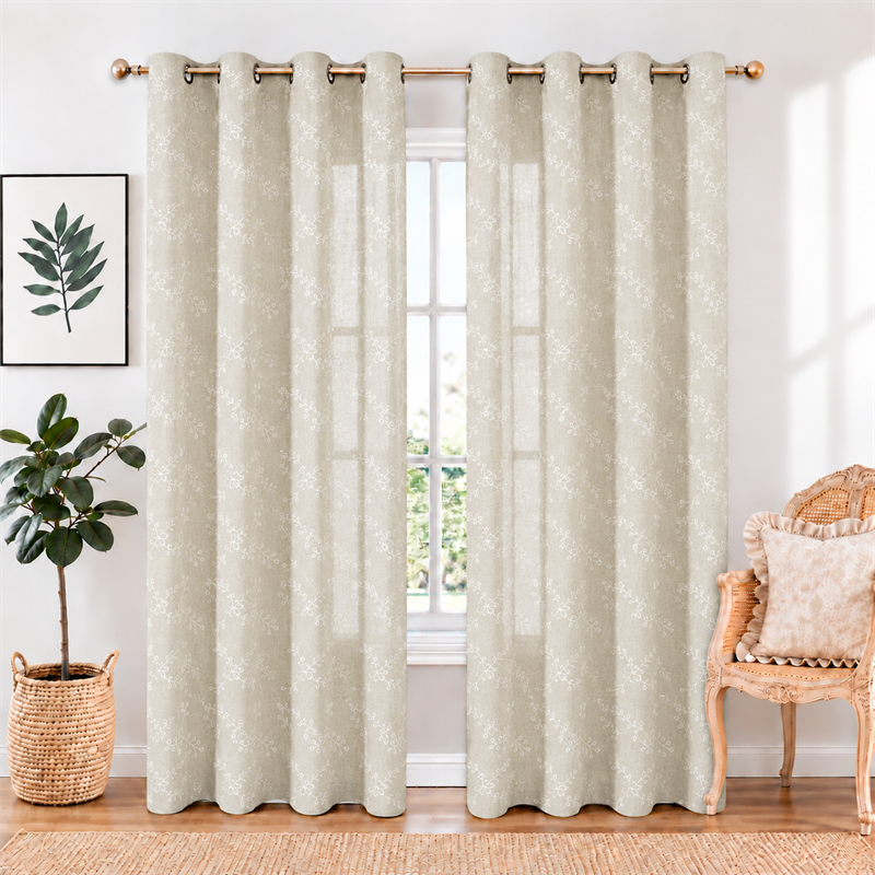 White Floral Linen-Look Embroidered Sheer Curtains

