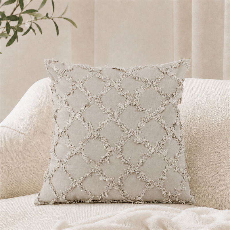 Beige Fringed Diamond Lattice Pure Cotton Cushion Covers