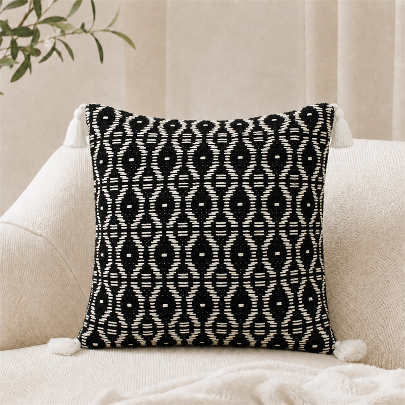 Black Ivory Boho Tufted Geometric Tassel Cotton Linen Cushion Covers