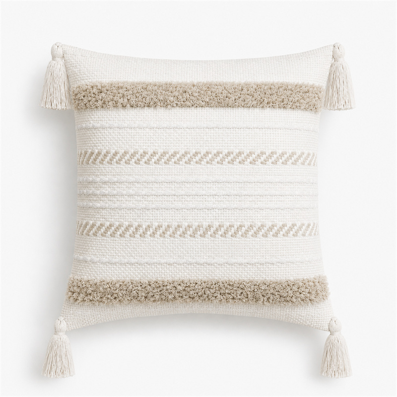 Ivory Boho Tufted Tassel Stripe Polyester Cotton Cushion Covers