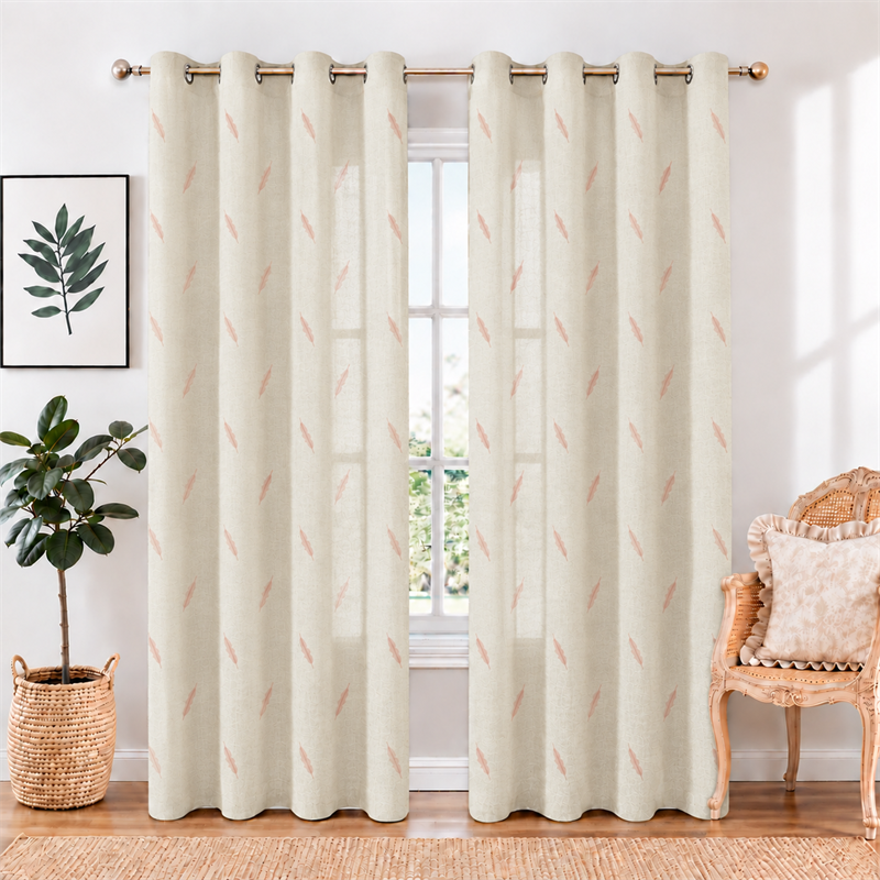 Green Feather Embroidered Linen Look Polyester Curtains