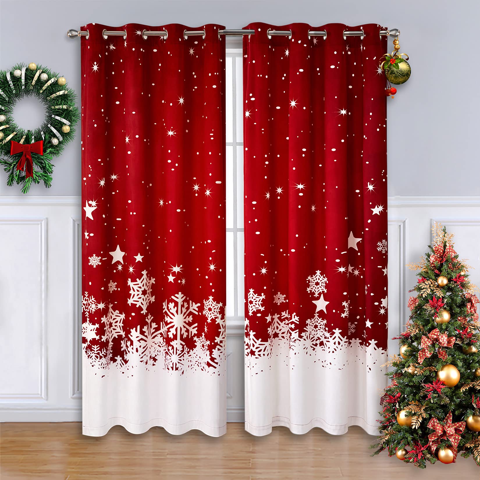 Rideaux à oeillets en velours rouge avec motif flocon de neige de Noël