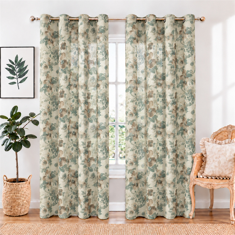 Berde na Curtain na Gawa sa Polyester na May Disenyong Watercolor at Floral na Iminpreso, Na Nakakatulad sa Linen
