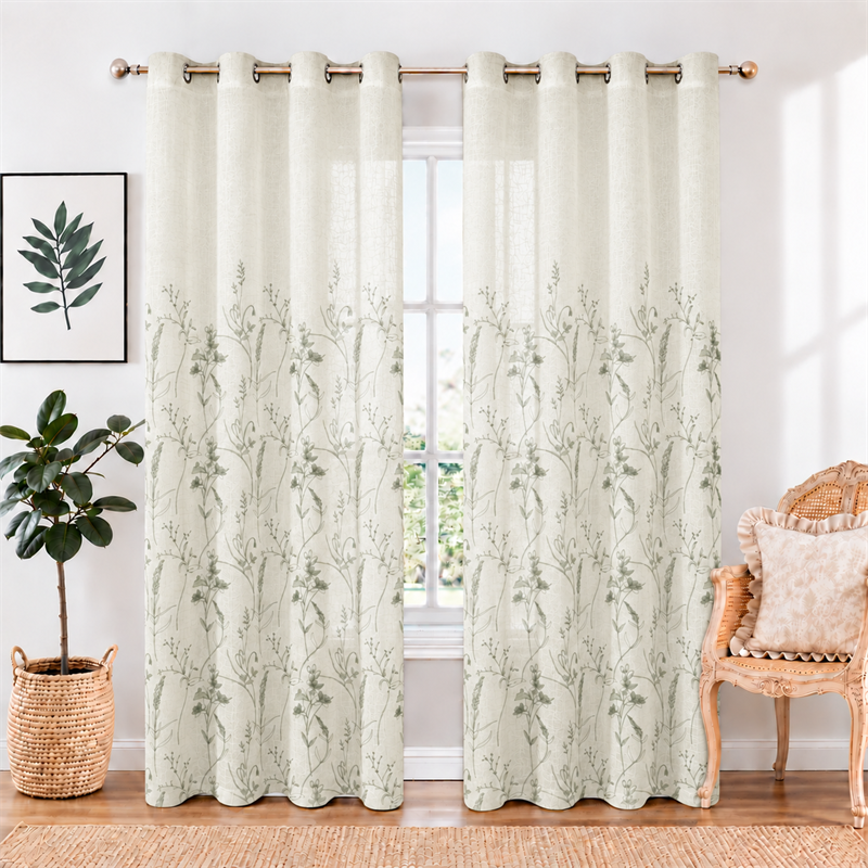 Orange Embroidered Window Linen Look Polyester Curtains