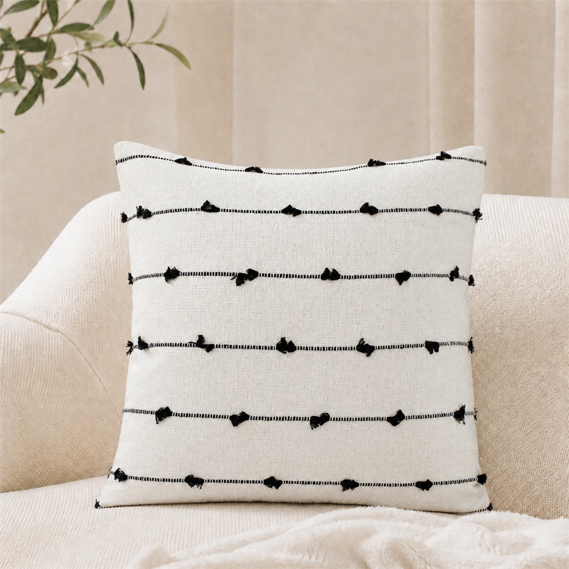 Ivory Black Boho Tufted Tassel Stripe Cotton Linen Cushion Covers