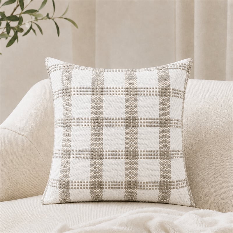 Boho Ivory Taupe Plaid Woven Cushion Cover