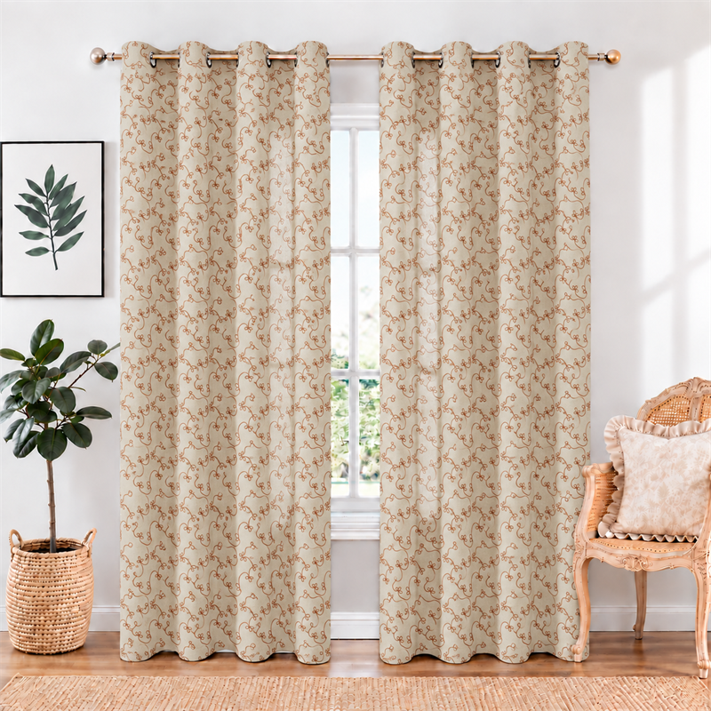 Orange Floral Embroidered Linen Look Grommet Curtains
