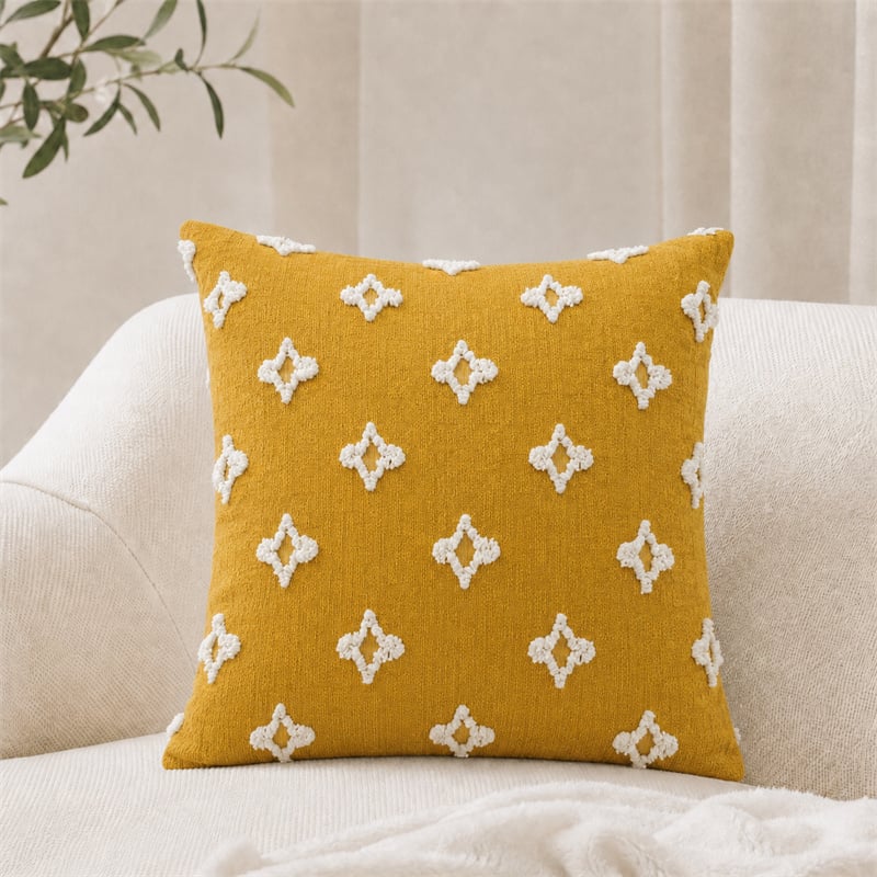 Senfgelbe Baumwoll-Cushionbezüge mit Noppenmuster und rautenförmigem Jacquard