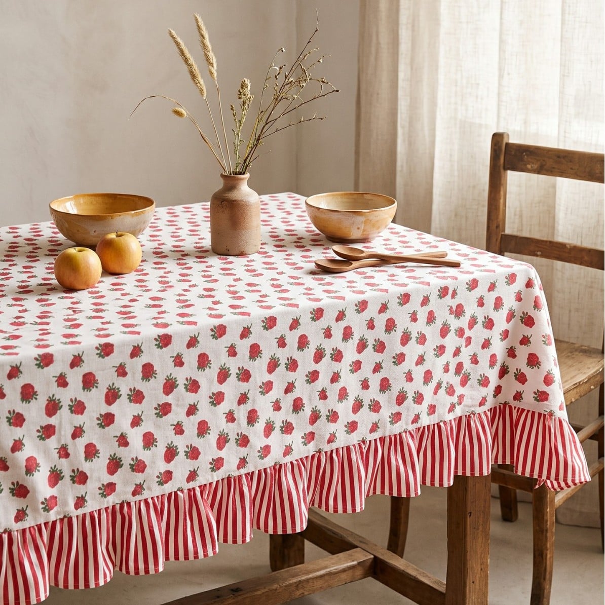 Nappe à volants en mélange de coton imprimé de roses rouges