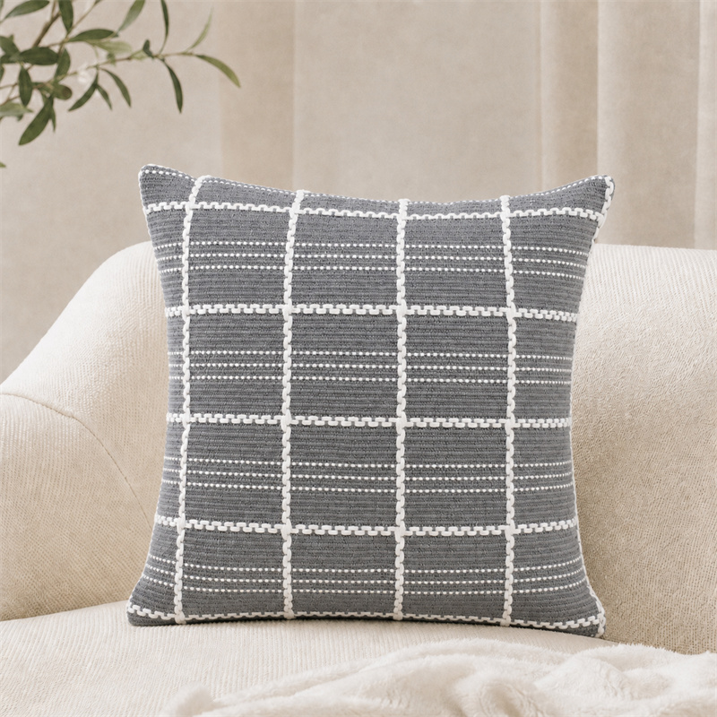 Grey White Grid Textured Cushion Cover