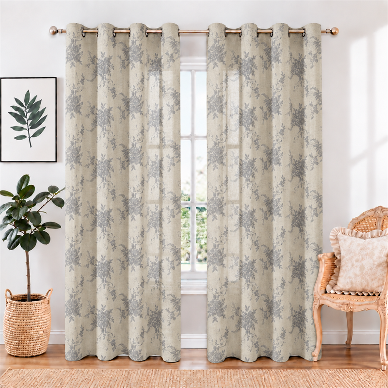 Blue Floral Linen-Look Embroidered Sheer Curtains