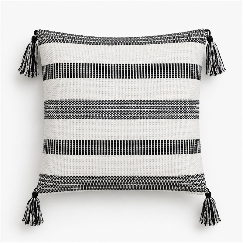 Ivory Black Boho Woven Stripe Tassel Cotton Linen Cushion Covers