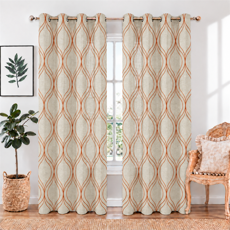 Orange Geometric Embroidered Linen Look Grommet Curtains