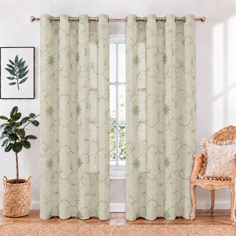 Green Vine Embroidered Linen Look Grommet Curtains
