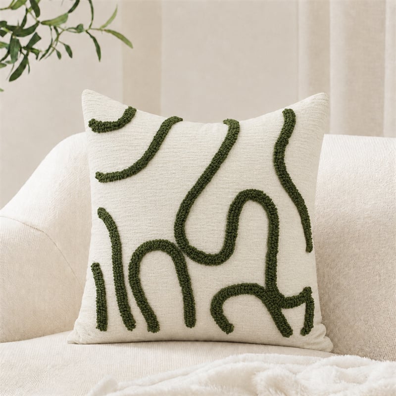 Elfenbein-Olivgrün-Gefilzte Abstrakte Linien-Polyester-Baumwoll-Kissenbezüge