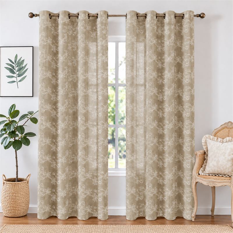White Floral Foam Faux Embroidery Sheer Curtains