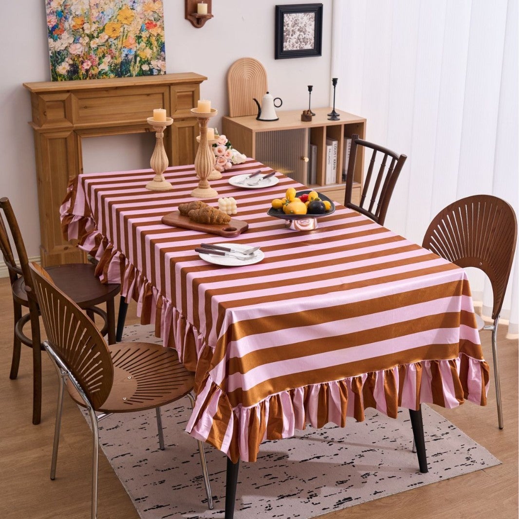 Nappe rectangulaire à volants en polyester à rayures rétro