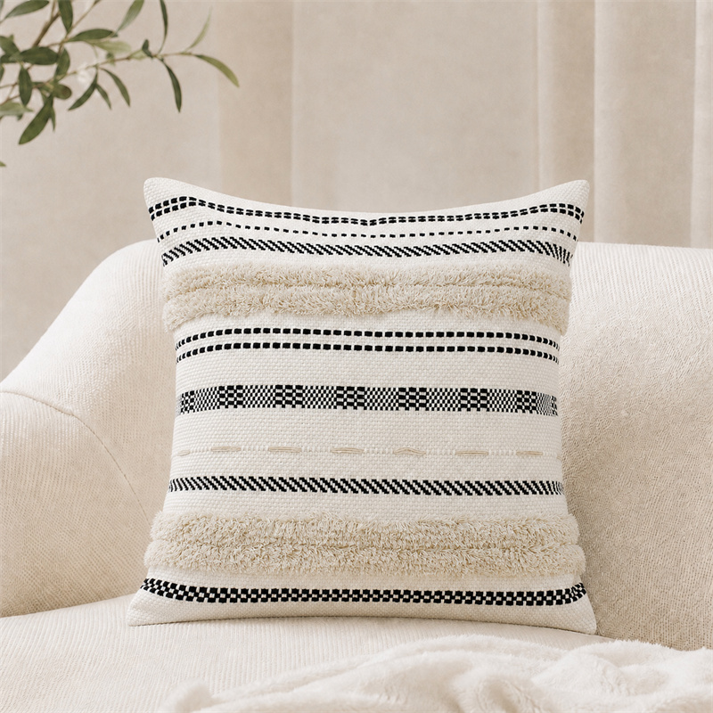 White Black Boho Tufted Fringe Stripe Polyester Cotton Cushion Covers