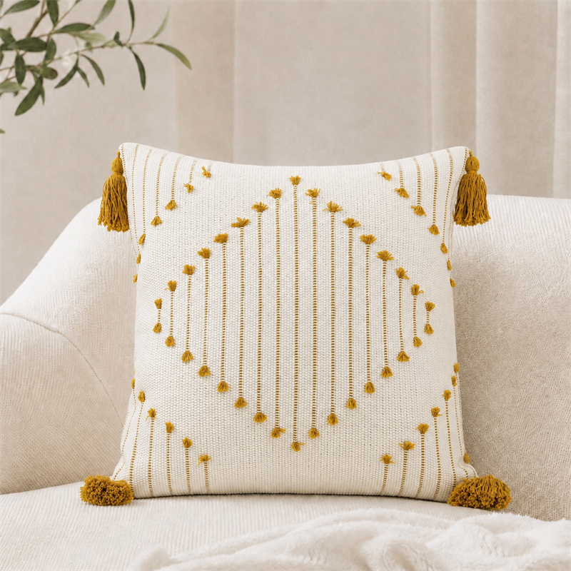 Ivory Mustard Boho Woven Tassel Cotton Linen Cushion Covers
