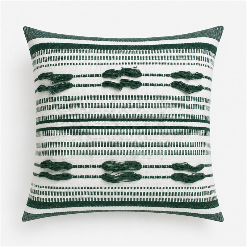 Green White Boho Tufted Striped Polyester Cotton Cushion Covers