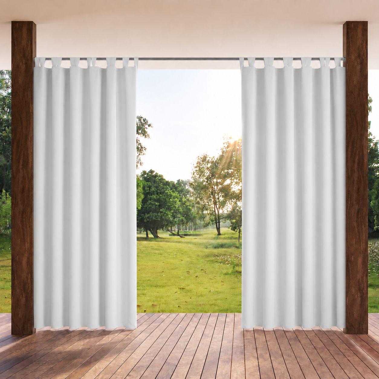 White Linen Look Velcro Tab Outdoor Patio Curtains